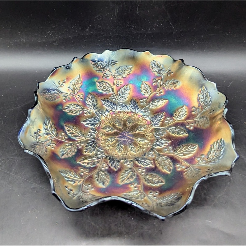 Antique Fenton Carnival Glass Blue Holly Ruffled Bowl Iridescent Candy Dish 9"